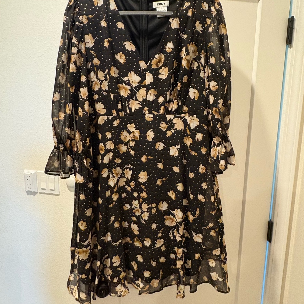 DKNY A-line Black Dress with Floral Accents